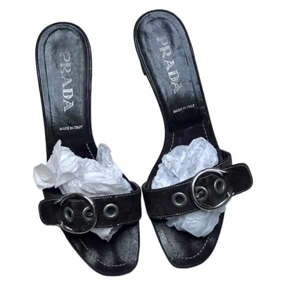 Prada Low Block Heel Buckle Strap Slide On Suede Leather Sandal - Picture 9 of 15